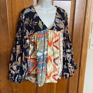 Bucket List multi-pattern bell long-sleeved V-neck floral geometric print  Large